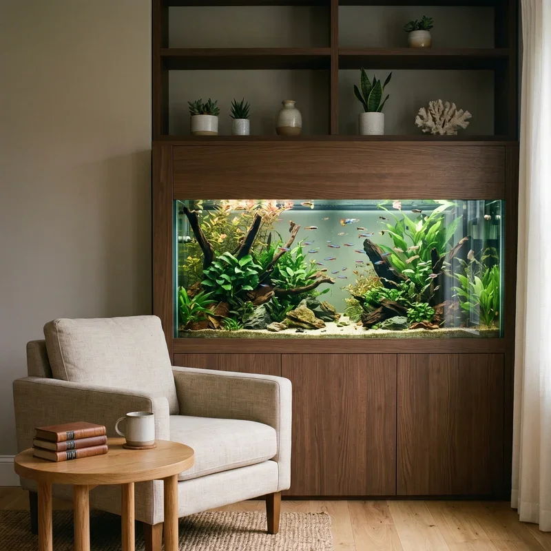 Homeowner relaxing at home near a well-maintained aquarium